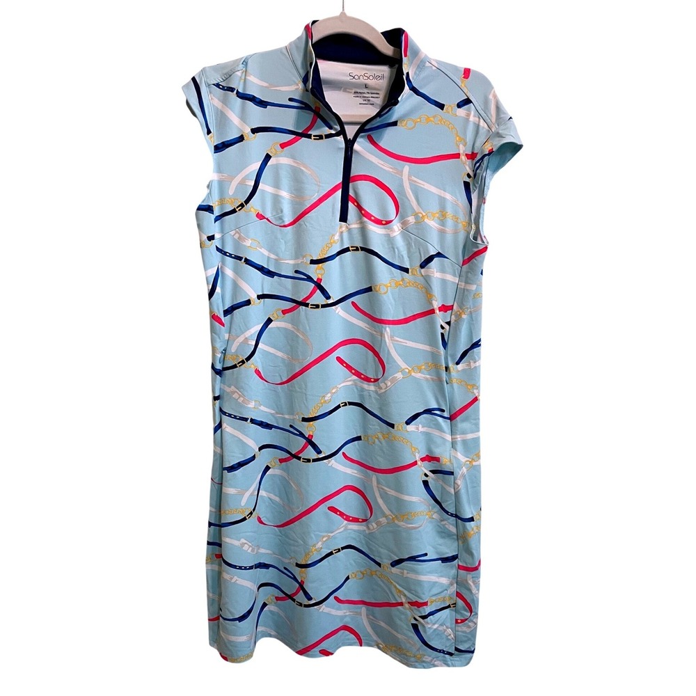 SanSoleil Size L UV 50 Golf Pickleball Dress Blue Chain Print Equestrian